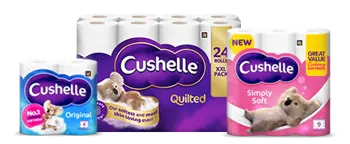 Line up of packs of Cushelle toilet roll including Cushelle Original, Cushelle Quilted and Cushelle Simply Soft